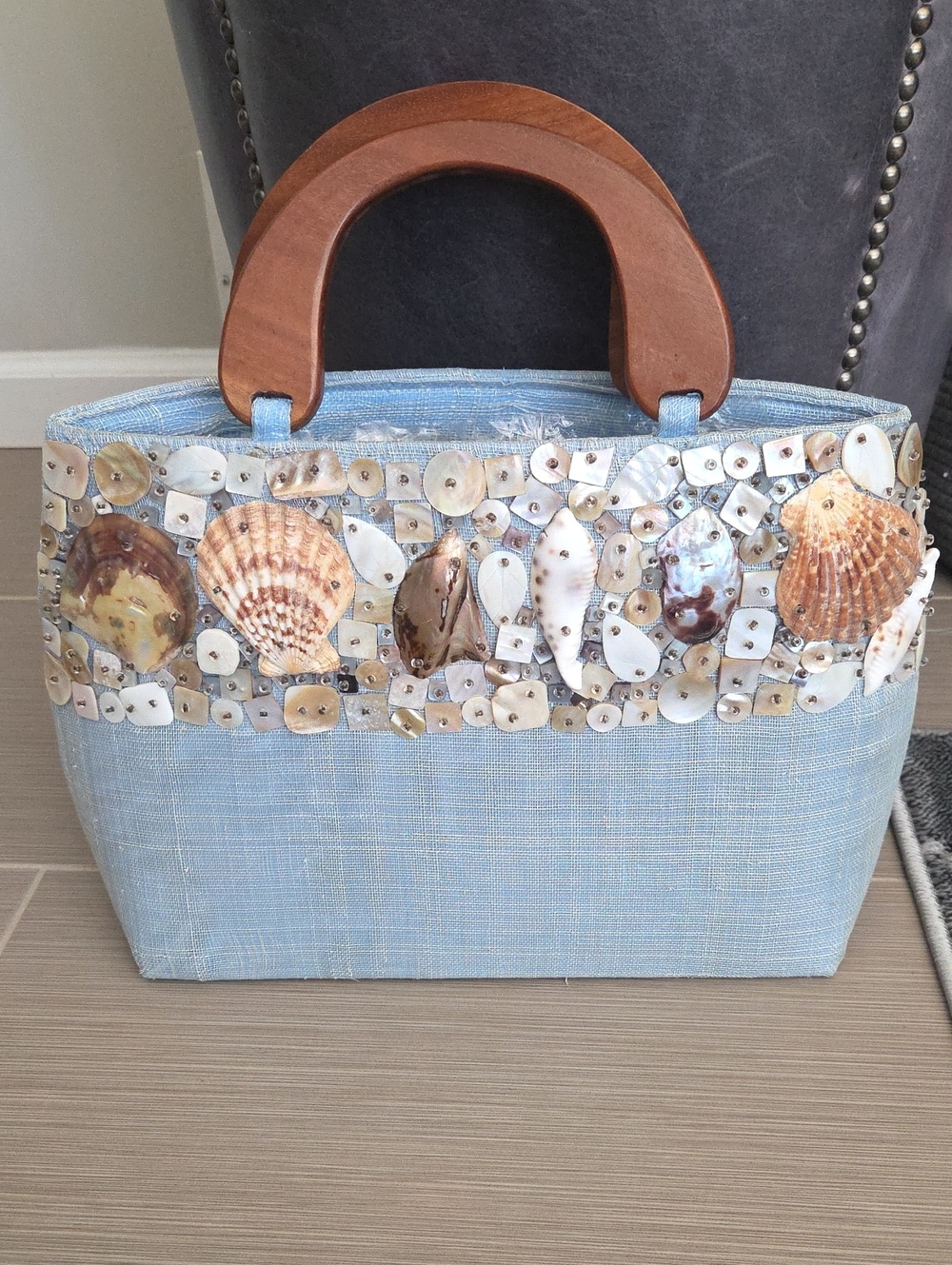 Seashell Embellished Light Blue Tote with Wooden Handles